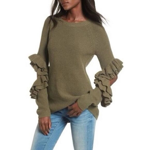 BP Olive Green Ruffle Cut Out Sleeve Sweater M - Picture 1 of 8